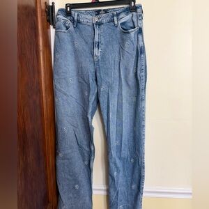 Women’s Size 14 Long Hollister Embroidered Light Blue High-Rise Dad Jeans